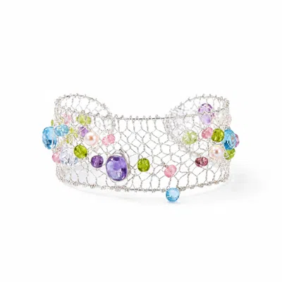 Ormiro Women's Celestia Multi-gemstone & Pearl Silver Mesh Bracelet In Orange