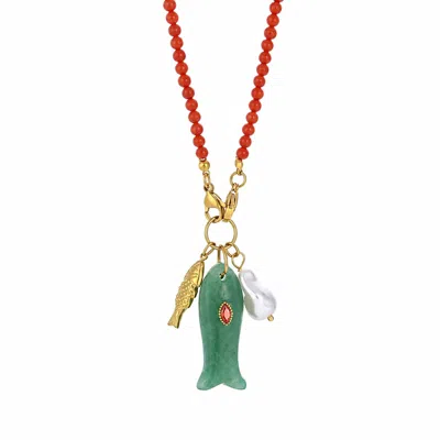 Ormiro Women's Happy Fish Carnelian & Aventurine Beaded Necklace