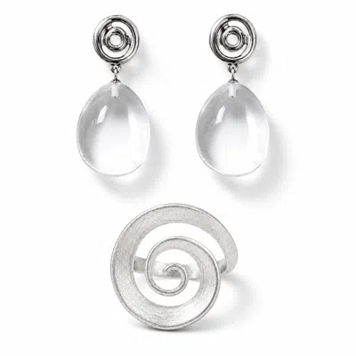 Ormiro Women's Silver Vortex Clear Quartz Crystal Spiral Ring & Earrings Jewelry Set