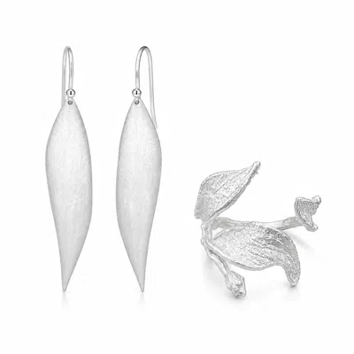 Ormiro Women's Silver Wind Leaf Sterling Silver Ring & Earrings Jewelry Set