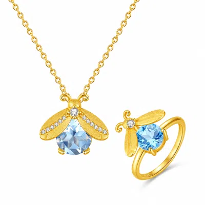 Ormiro Women's Summer Firefly Blue Topaz Gold Vermeil Necklace & Ring Jewelry Set