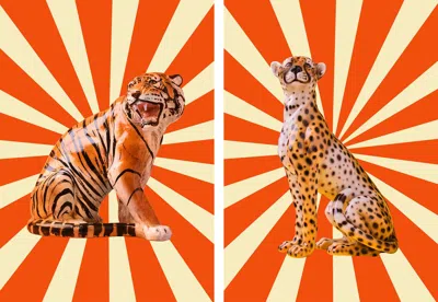 Ornament Art Yellow / Orange / Brown Circus Cats Pair Of Giclée Photo Prints