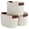 Ornavo Home 3 Pack Woven Cotton Rope Shelf Storage Basket With Leather Handles