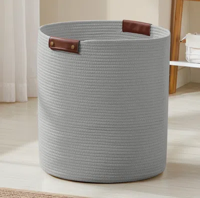 Ornavo Home Large Cotton Rope Laundry Hamper Woven Basket With Leather Handles In Gray