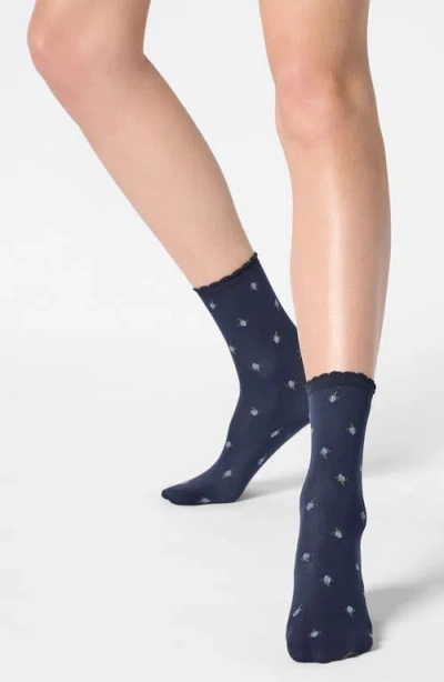 Oroblu Floral Crew Socks In Blue