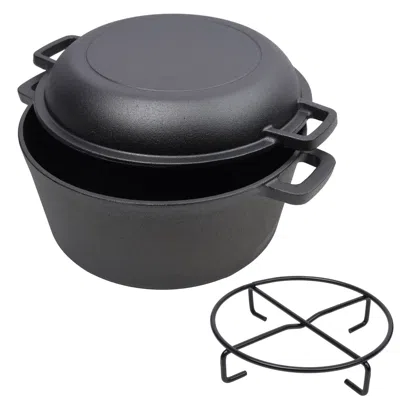 Oroma 2 In 1 Pre-seasoned Cast Iron Dutch Oven With Dual Handles, Outdoor Camping Deep Pot For Camping Fir In Black