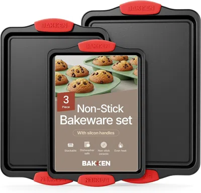 Oroma Baking Pan Set - 3 Piece Cookie Sheet - Deluxe Black Non-stick Carbon Steel - Silicone Handles - Com