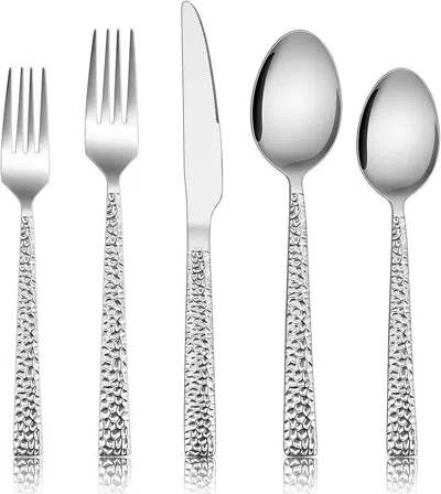 Oroma Hammered Silverware Set, 40-piece Stainless Steel Square Flatware Set For 8, Metal Tableware Cutlery
