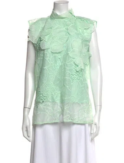 Pre-owned Oroton Floral Print Mock Neck Top In Green