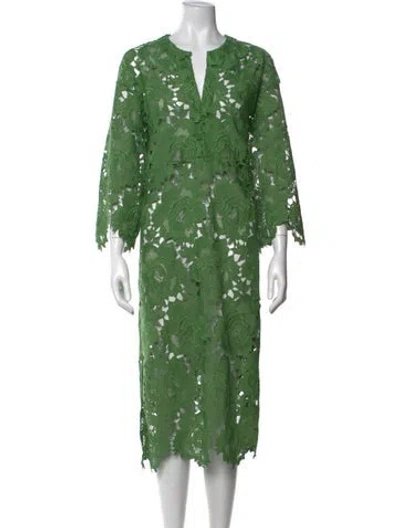 Pre-owned Oroton Lace Pattern Midi Length Dress In Green