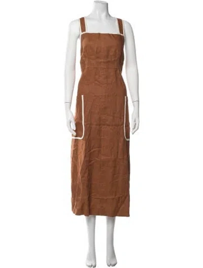 Pre-owned Oroton Linen Midi Length Dress In Brown