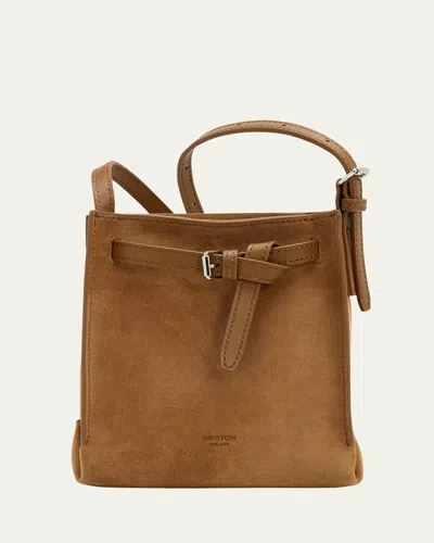 Oroton Margot Mini Suede Bucket Bag In Brown