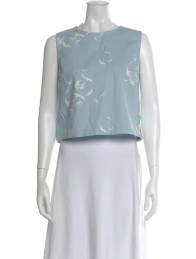Pre-owned Oroton Printed Crew Neck Crop Top W/ Tags In Blue