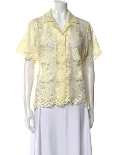 Pre-owned Oroton Printed Short Sleeve Button-up Top In Yellow