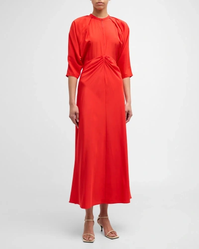 Oroton Ruched Dolman-sleeve Silk Midi Dress In True Red