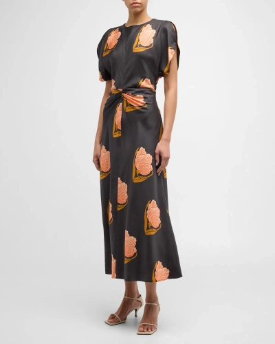 Oroton Ruched Split-sleeve Floral-print Midi Dress In Black