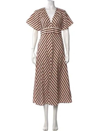 Pre-owned Oroton Striped Midi Length Dress In Brown