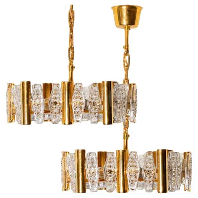 Pre-owned Orrefors 1 Of The 2 Large Glass And Brass Chandelier By , 1960s In Sand