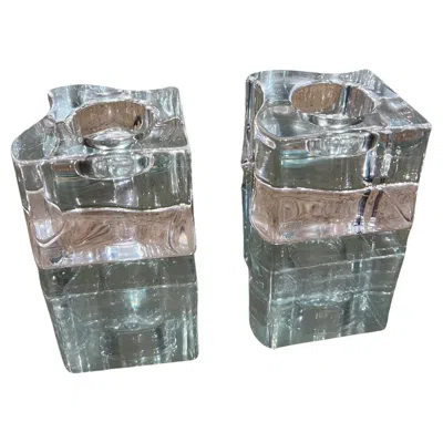 Pre-owned Orrefors 1960s Pair  Candle Holder Square Crystal Glass In Gray
