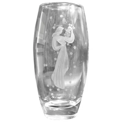 Pre-owned Orrefors Artist Signed  Etched Crystal Vase Depicting A Woman Holding Flowers In Transparent