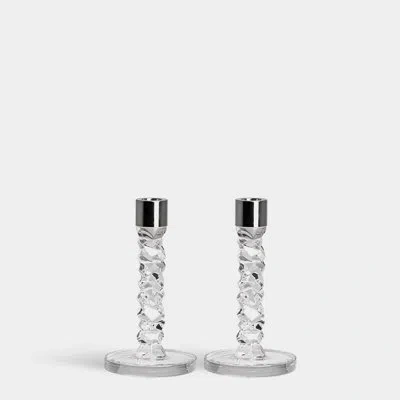 Orrefors Carat 2 Piece Crystal/stainless Steel Candlestick Set In Chrome,clear