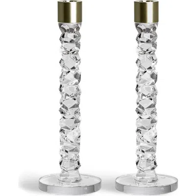 Orrefors Carat Set Of 2 Large Crystal & Brass Candlesticks In Metallic