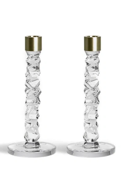 ORREFORS ORREFORS CARAT SET OF 2 MEDIUM CRYSTAL & BRASS CANDLESTICKS