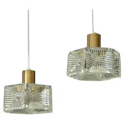 Pre-owned Orrefors Carl Fagerlund, , A Pair Of Pendant Lamps, Brass & Glass, Sweden, 1960s In Brown