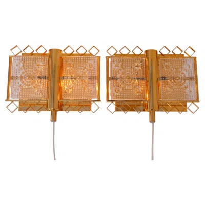Pre-owned Orrefors Carl Fagerlund Wall Mounted Sconces, Glass And Brass Lamps From , Sweden In Brown