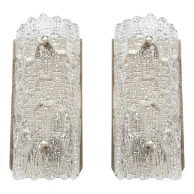 Pre-owned Orrefors Croco Embossed Crystal / Nickel Sconces, 1 Of 3 Pairs In Transparent