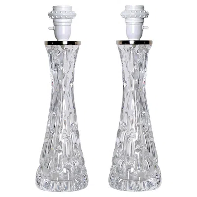 Pre-owned Orrefors Exceptional Pair Of  Heavy Crystal Table Lamps With Polished Nickel Hard In Transparent