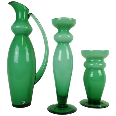 Pre-owned Orrefors Green Glass Set Of 3 Pieces, Sweden