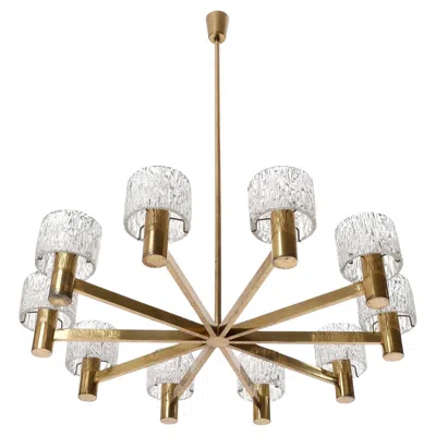 Pre-owned Orrefors Large 10-arm Chandelier By J.t. Kalmar, Brass And Textured Pressed Glass, 1960s In Sand