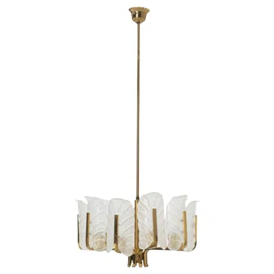Pre-owned Orrefors Large Carl Fagerlund Glass Leaves Brass Chandelier By , 60s In Sand