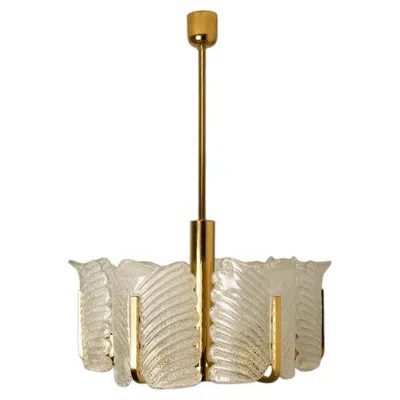 Pre-owned Orrefors Large Fagerlund Glass Leaves Brass Chandelier By , 1960s In Sand