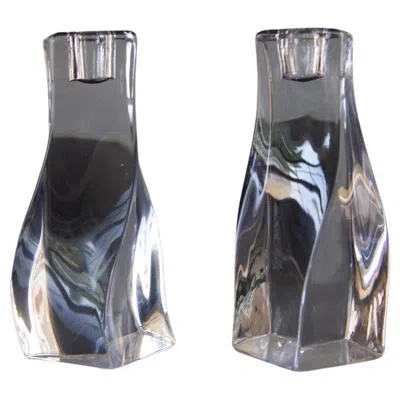 Pre-owned Orrefors Mid-20th Century Signed  Twisted Crystal Candles Holders, A Pair In Gray