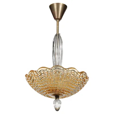 Pre-owned Orrefors Mid-century Mottled Glass Chandelier W/ Glass Drop & Bronze Fittings By  In Gold