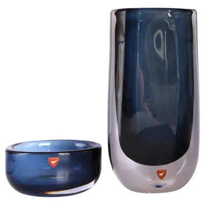 Pre-owned Orrefors Nils Landberg Glass Vase And Bowl "midnight Blue Dusk" For , Sweden