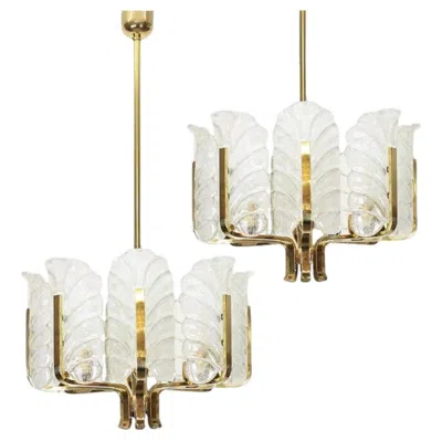 Pre-owned Orrefors One Of The Six Large Fagerlund Glass Leaves Brass Chandelier By , 1960s In Sand