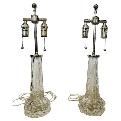 Pre-owned Orrefors Pair Of 1950s Swedish Crystal  Carl Fagerlund Clear Table Lamps In Brown
