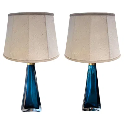 Pre-owned Orrefors Pair Of 1960s Bright Blue Swedish  Glass Table Lamps