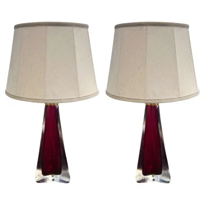 Pre-owned Orrefors Pair Of 1960s Cranberry Swedish  Glass Table Lamps In Sand