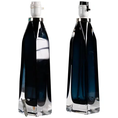 Pre-owned Orrefors Pair Of Blue Table Lamps By Carl Fagerlund For , Sweden, Circa 1960s