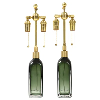 Pre-owned Orrefors Pair Of Bottle Green Crystal Lamps By