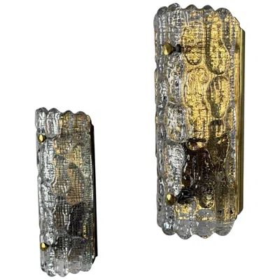 Pre-owned Orrefors Pair Of Glass And Brass Wall Lights By Carl Fagerlund For , 1970s In Transparent