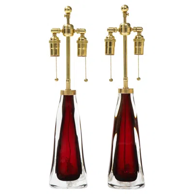 Pre-owned Orrefors Pair Of Large Ruby Red  Lamps