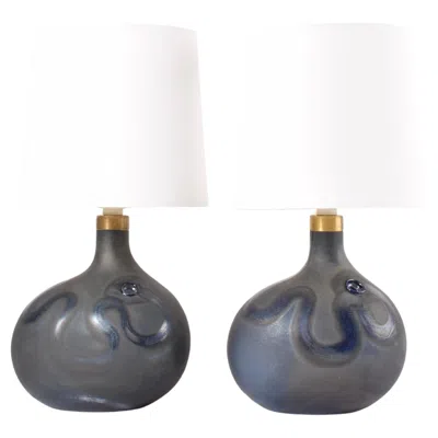 Pre-owned Orrefors Pair Of Michael Bang Holmegaard Lamp Art Sculptural Glass Table Lamps Blue 1970s