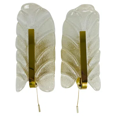 Pre-owned Orrefors Pair Of Modernist Brass And Opaline Glass Wall Lamps By Carl Fagerlund, 1960s In Sand