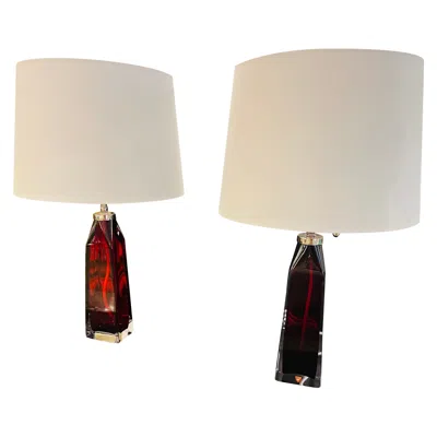 Pre-owned Orrefors Pair Of  1960s Swedish Ruby Red Crystal Table Lamps