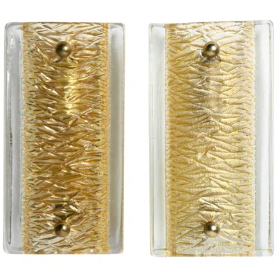 Pre-owned Orrefors Pair Of  Sconces Brass And Crystal Glass Shades By  Sweden, 1970 In Sand